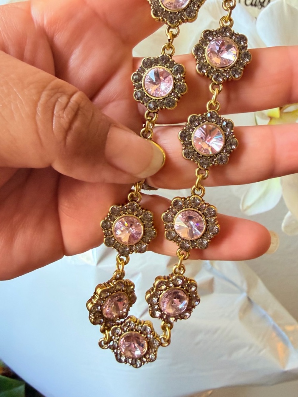 Gold-Tone Pink Crystal Floral Link Necklace